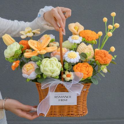 Handmade Crochet Flower Gift Basket & Bucket Set – Kawaii Floral Gift Box【LOOM-049】